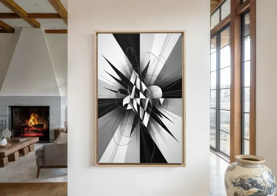 Geometric Elegance in Black and White Abstract canvas wall art in a living room with a fireplace