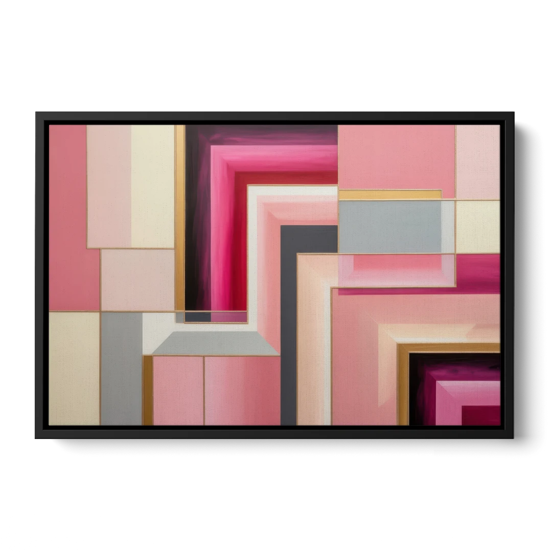 Geometric Elegance in Pink Abstract - Black Framed Canvas Wall Art - Front