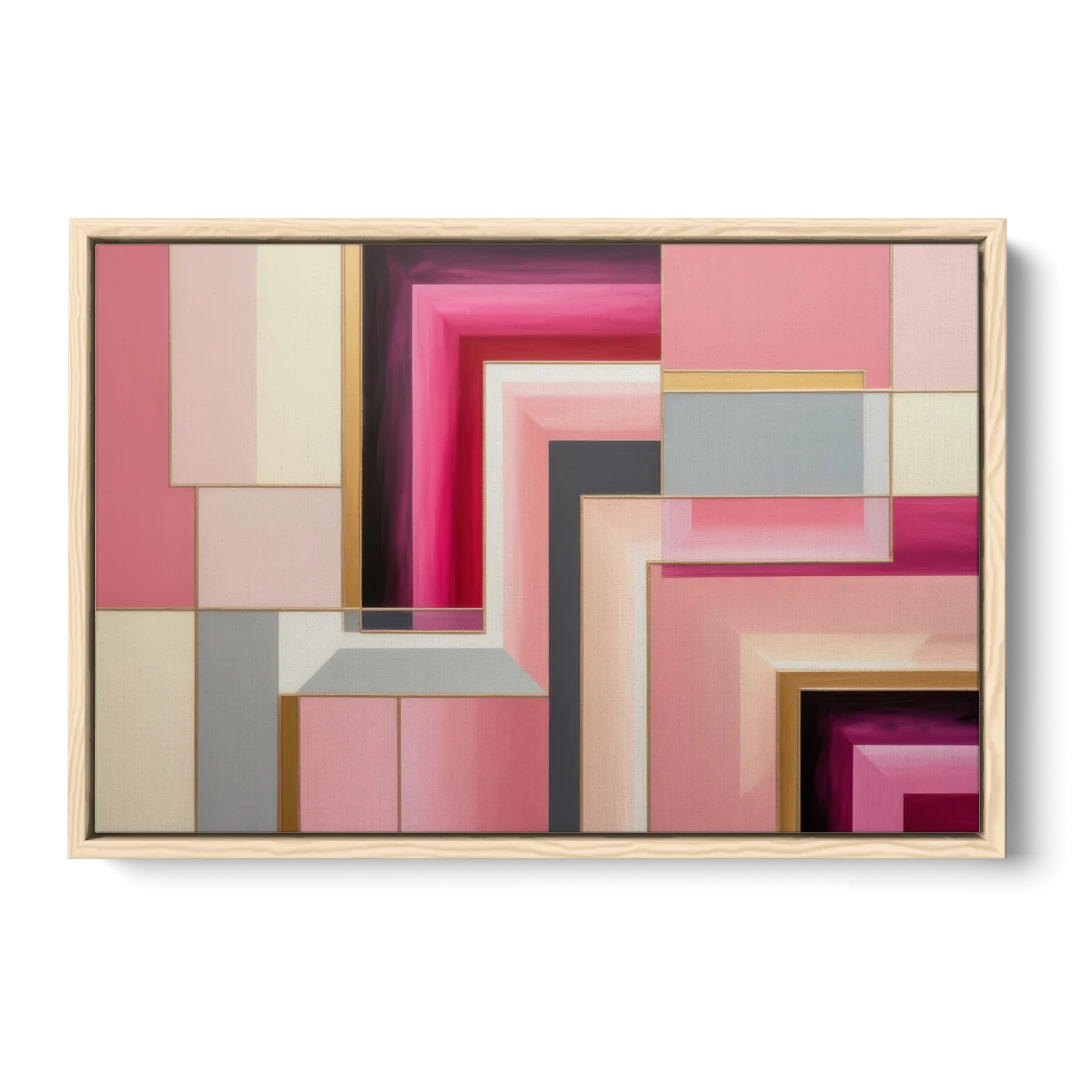 Geometric Elegance in Pink Abstract - Oak Framed Canvas Wall Art - Front