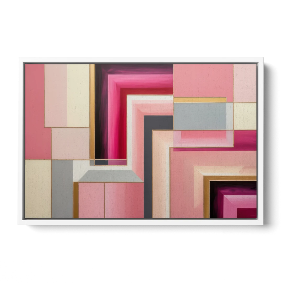 Geometric Elegance in Pink Abstract - White Framed Canvas Wall Art - Front