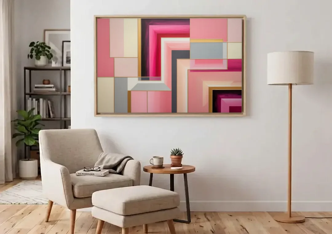 Geometric Elegance in Pink Abstract canvas wall art above an armchair in a bright living room