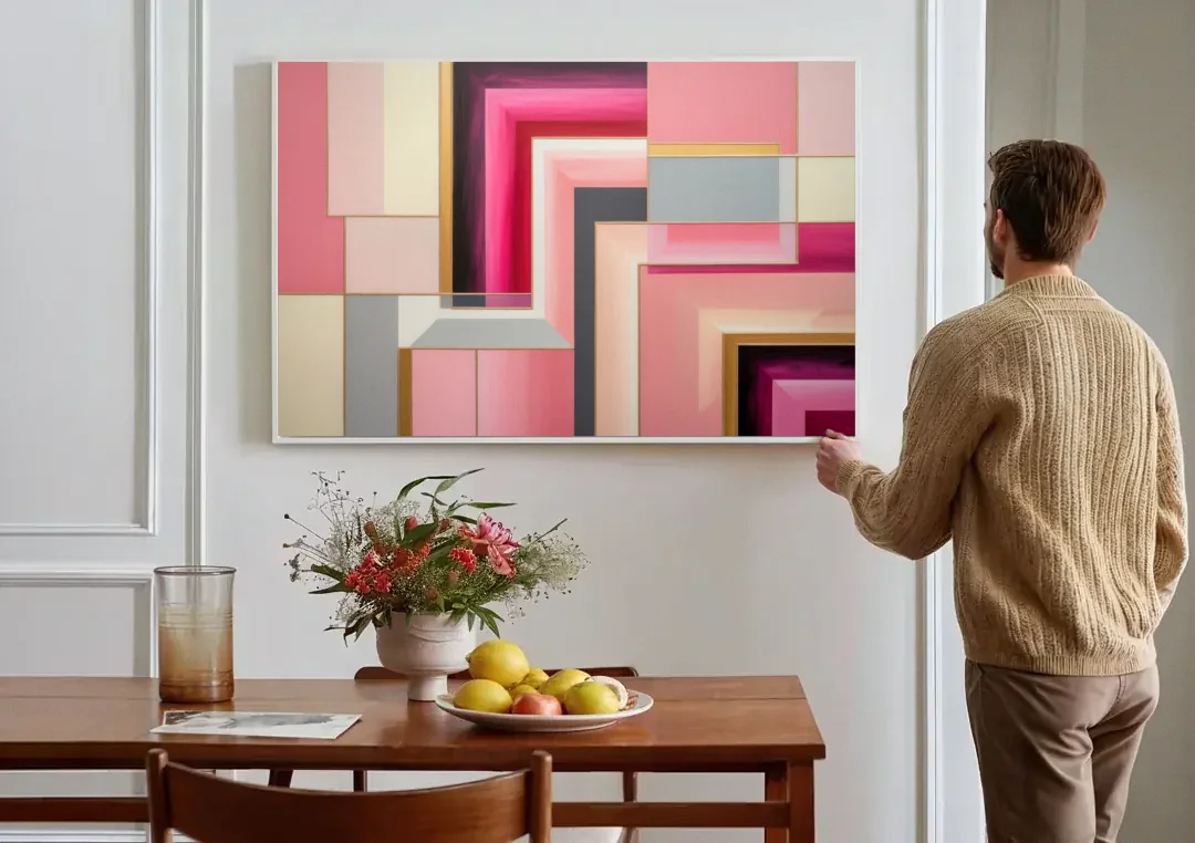 Geometric Elegance in Pink Abstract canvas wall art above a dining table