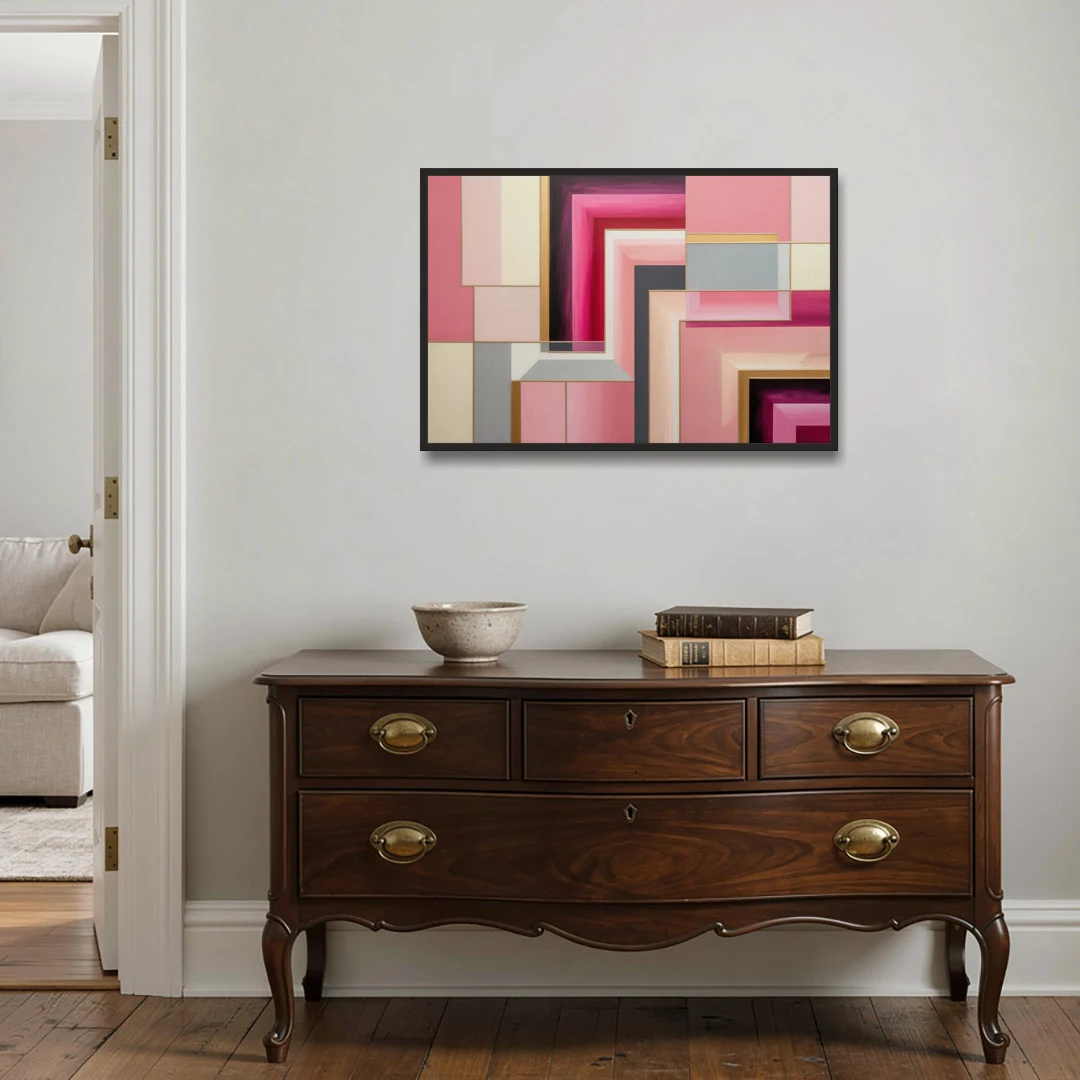 Geometric Elegance in Pink Abstract - Black Framed Canvas Wall Art - Coffee Table - 36x24