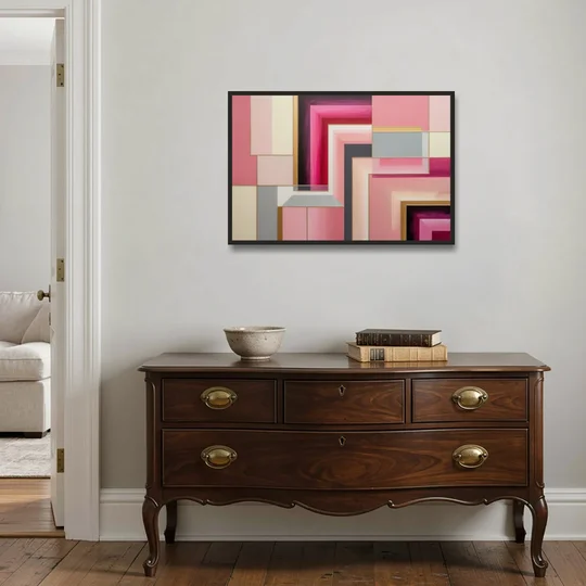 Geometric Elegance in Pink Abstract - Black Framed Canvas Wall Art - Coffee Table - 36x24