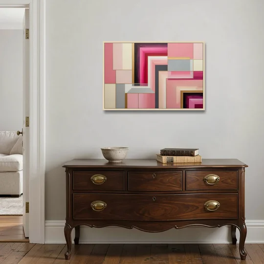 Geometric Elegance in Pink Abstract - Oak Framed Canvas Wall Art - Coffee Table - 36x24