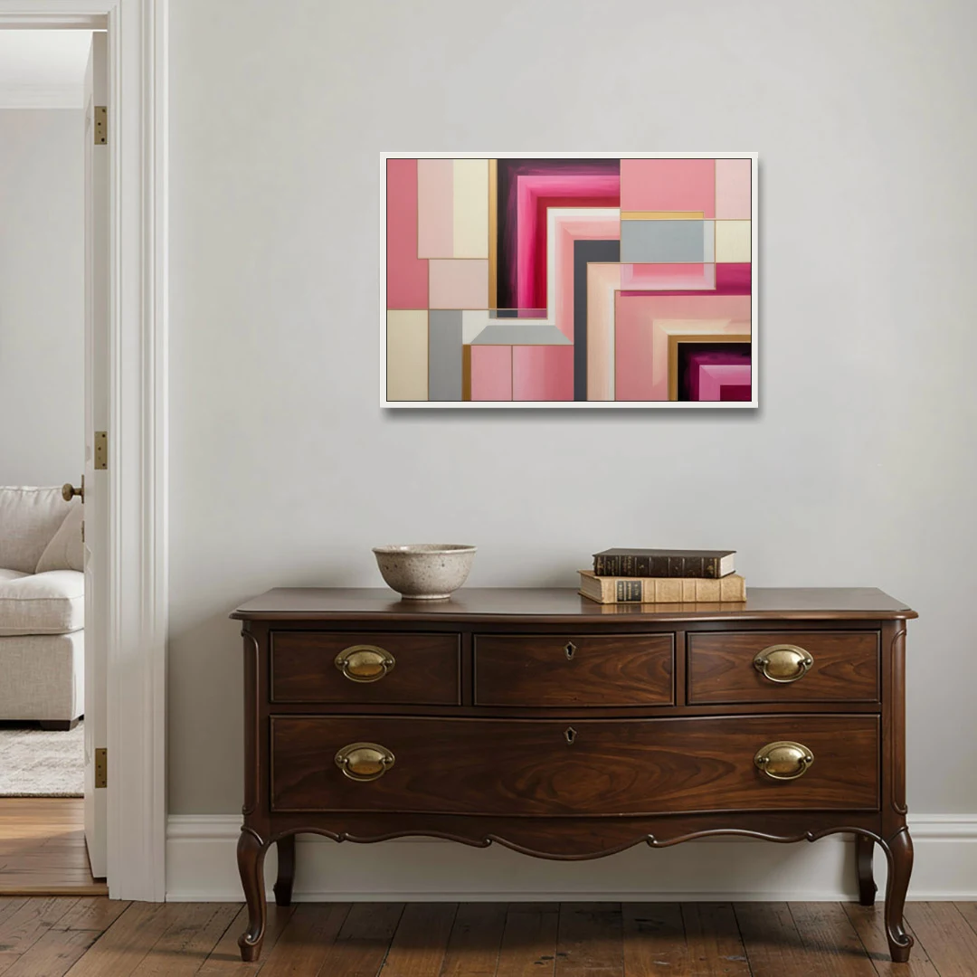 Geometric Elegance in Pink Abstract - White Framed Canvas Wall Art - Coffee Table - 36x24