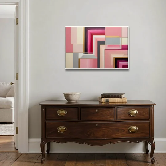 Geometric Elegance in Pink Abstract - White Framed Canvas Wall Art - Coffee Table - 36x24
