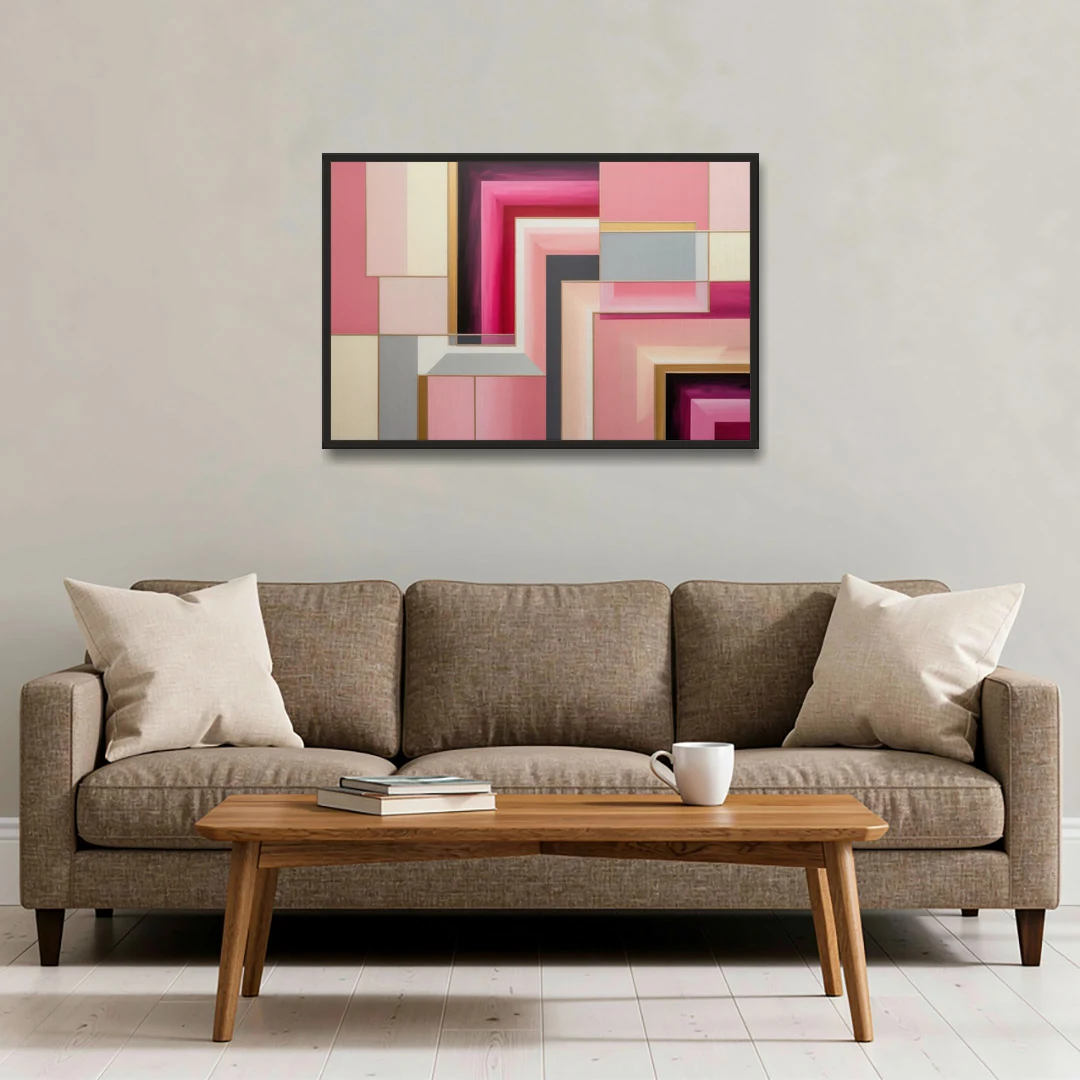 Geometric Elegance in Pink Abstract - Black Framed Canvas Wall Art - Sofa - 36x24