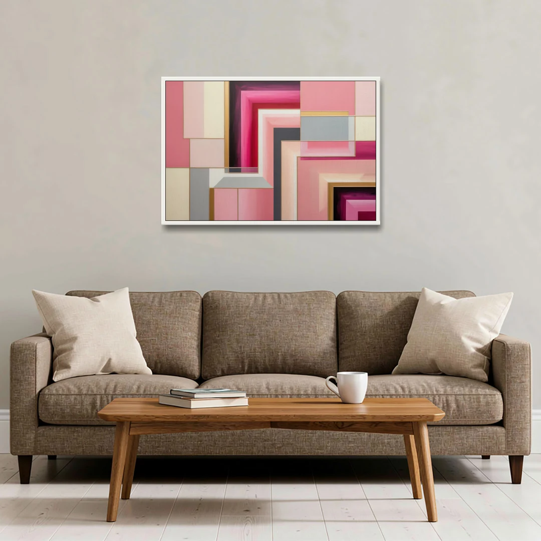 Geometric Elegance in Pink Abstract - White Framed Canvas Wall Art - Sofa - 36x24