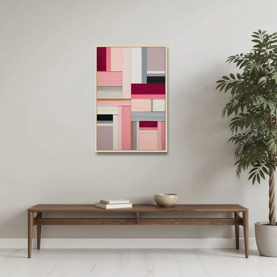 Geometric Elegance Pink Abstract - Oak Framed Canvas Wall Art - Coffee Table - 24x36