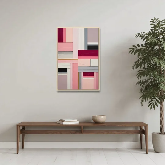 Geometric Elegance Pink Abstract - Oak Framed Canvas Wall Art - Coffee Table - 24x36