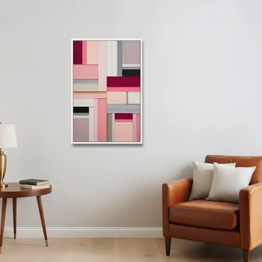 Geometric Elegance Pink Abstract - White Framed Canvas Wall Art - Sofa - 24x36