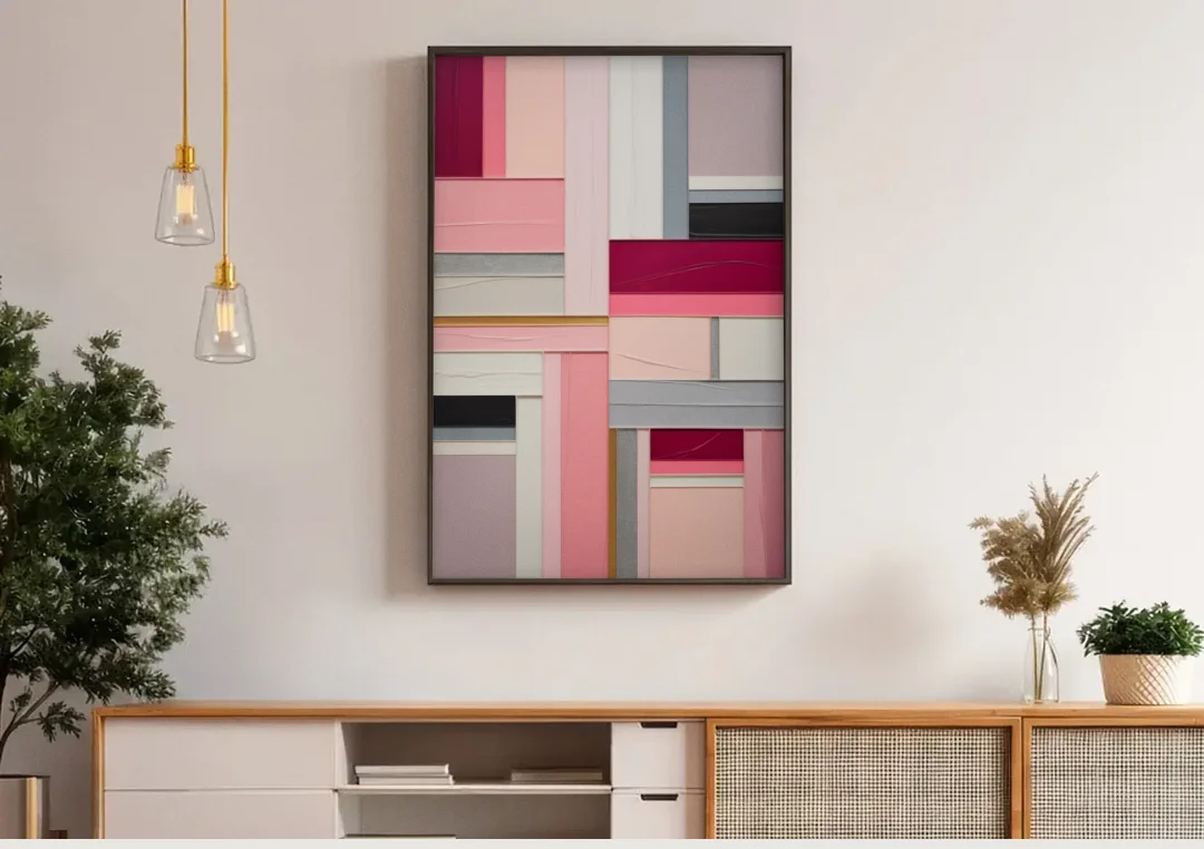 Geometric Elegance Pink Abstract canvas wall art above a wooden sideboard under pendant lights