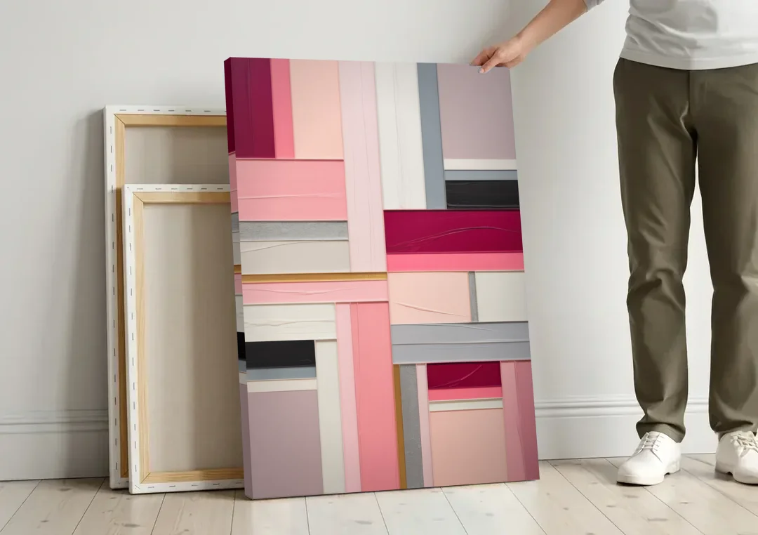 Geometric Elegance Pink Abstract canvas wall art leaning against a wall next to blank canvases