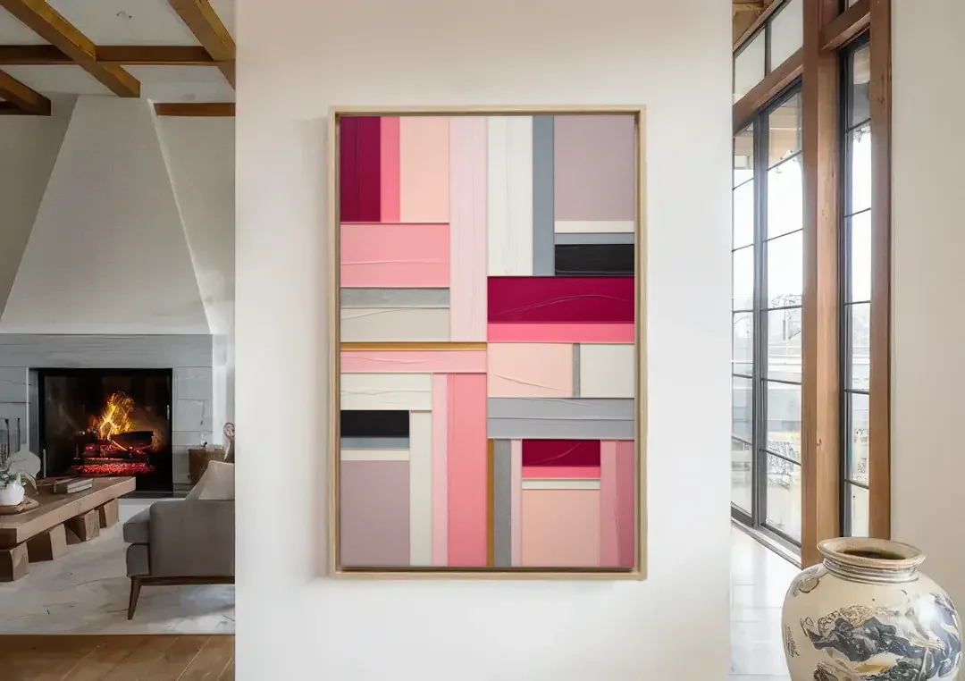 Geometric Elegance Pink Abstract canvas wall art in a living room with a fireplace