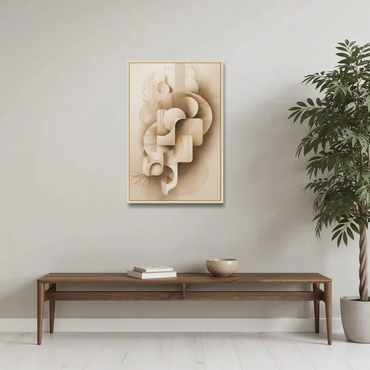 Geometric Harmony Beige Abstract - Oak Framed Canvas Wall Art - Coffee Table - 24x36