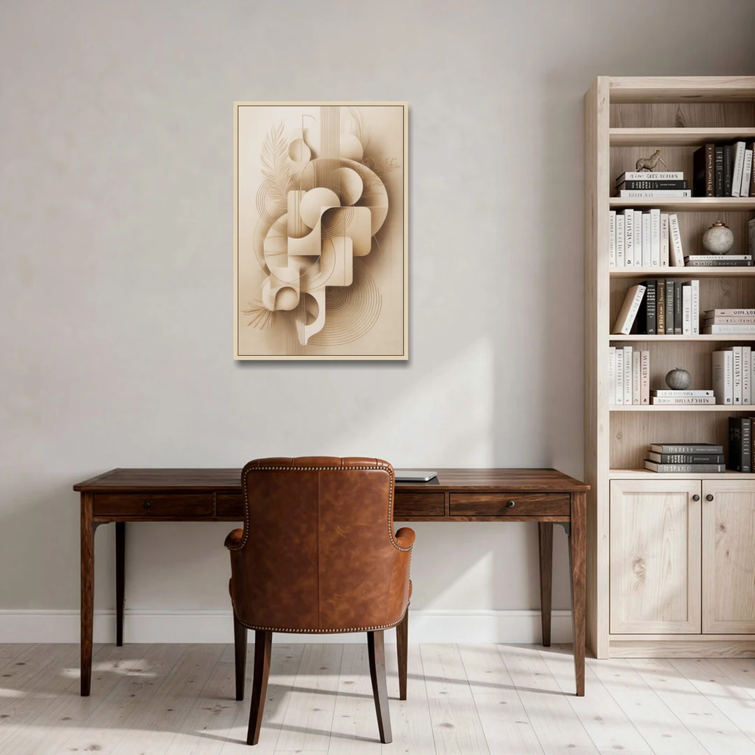 Geometric Harmony Beige Abstract - Oak Framed Canvas Wall Art - Office - 24x36