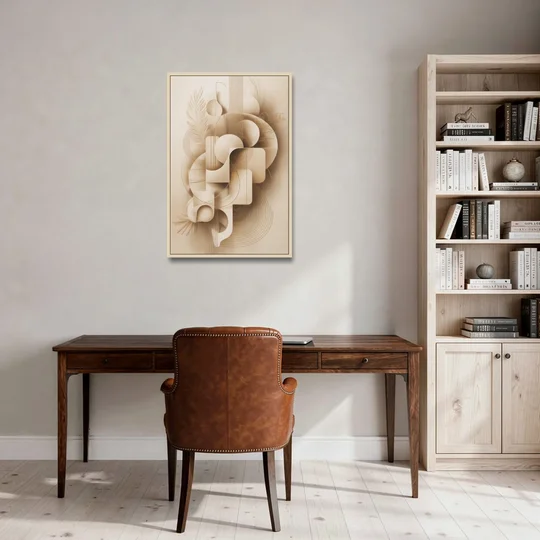Geometric Harmony Beige Abstract - Oak Framed Canvas Wall Art - Office - 24x36