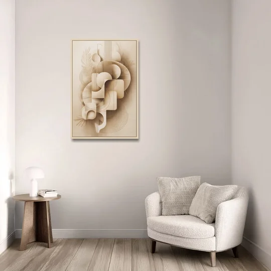 Geometric Harmony Beige Abstract - Oak Framed Canvas Wall Art - Sofa - 24x36