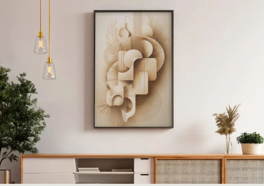 Geometric Harmony Beige Abstract canvas wall art above a wooden sideboard under pendant lights