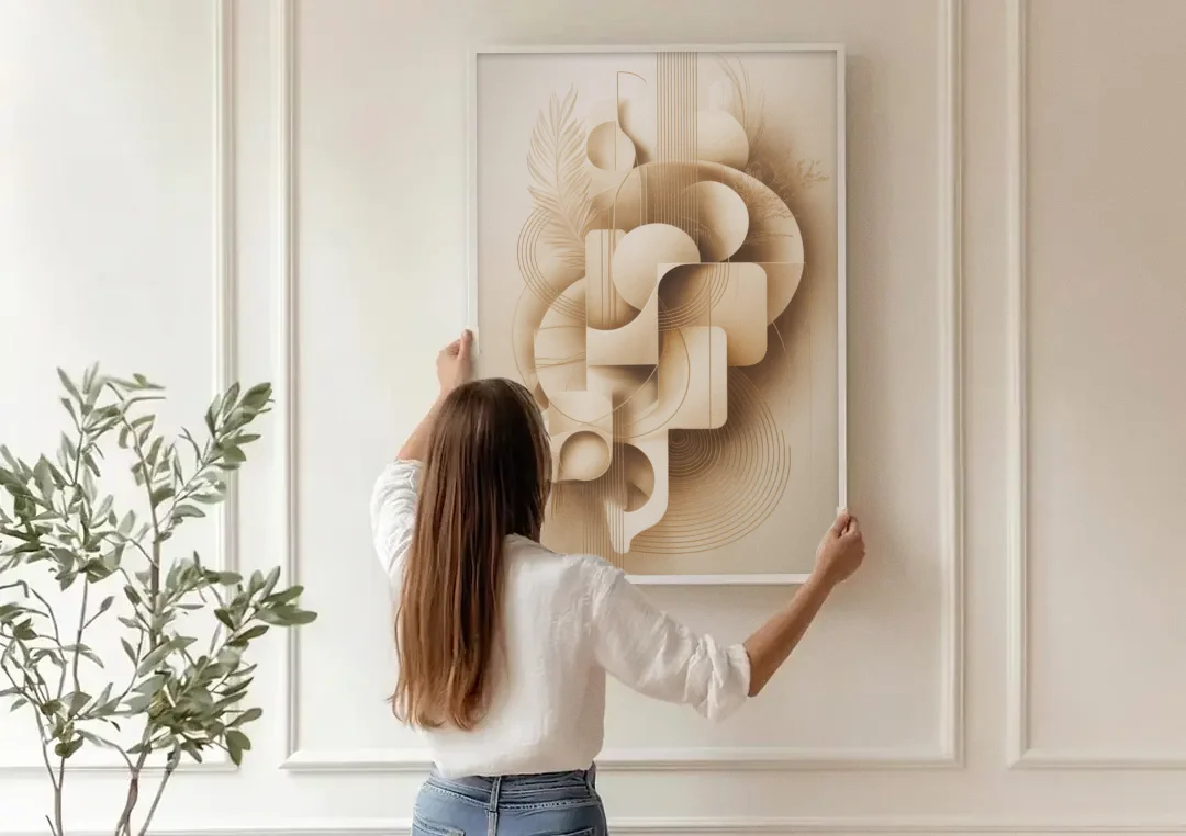 Geometric Harmony Beige Abstract canvas wall art being hung on a paneled wall