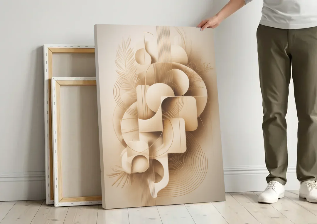 Geometric Harmony Beige Abstract canvas wall art leaning against a wall next to blank canvases