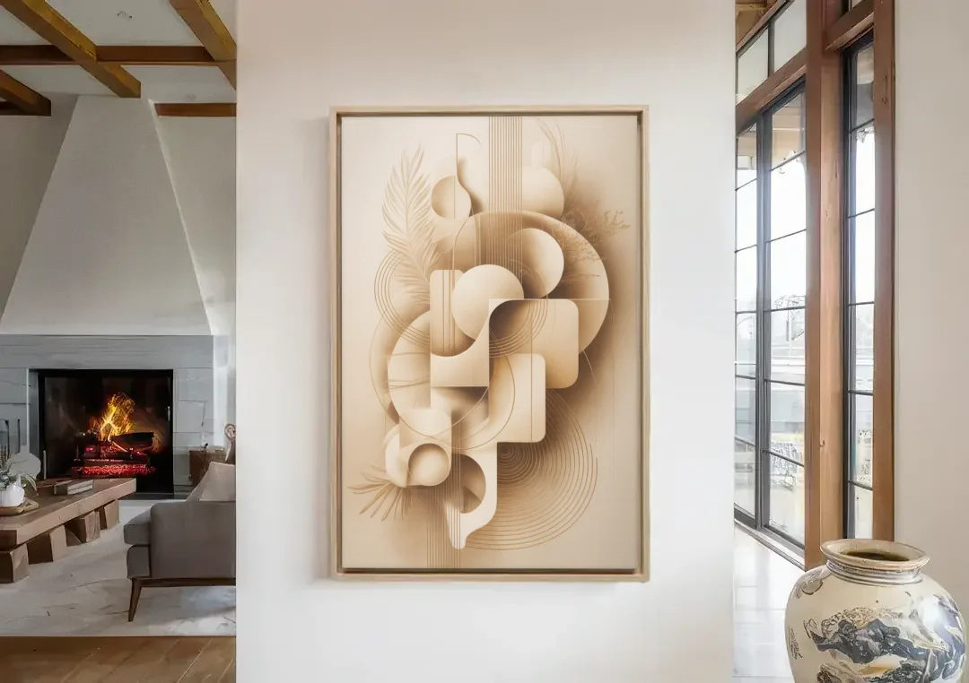 Geometric Harmony Beige Abstract canvas wall art in a living room with a fireplace