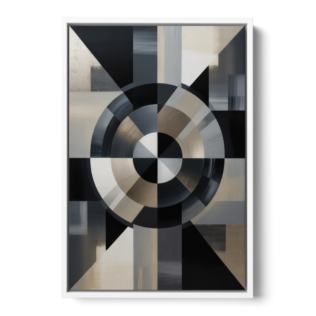 Geometric Harmony Black and Grey Abstract - White Framed Canvas Wall Art - Front