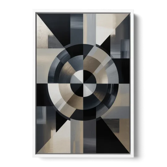 Geometric Harmony Black and Grey Abstract - White Framed Canvas Wall Art - Front