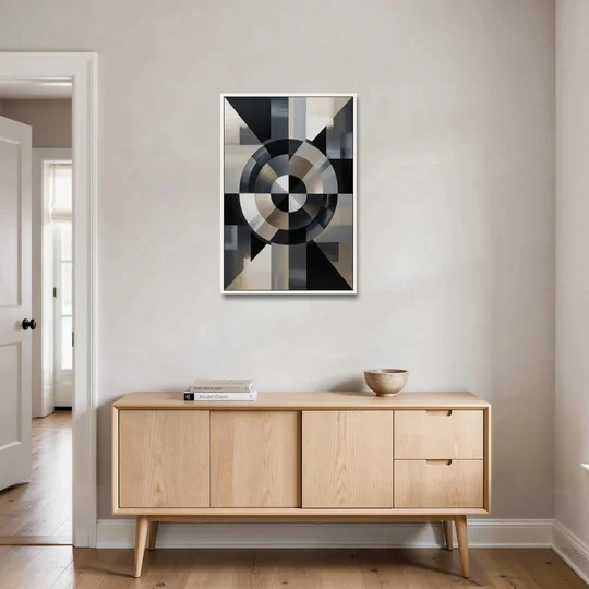 Geometric Harmony Black and Grey Abstract - White Framed Canvas Wall Art - Coffee Table - 24x36