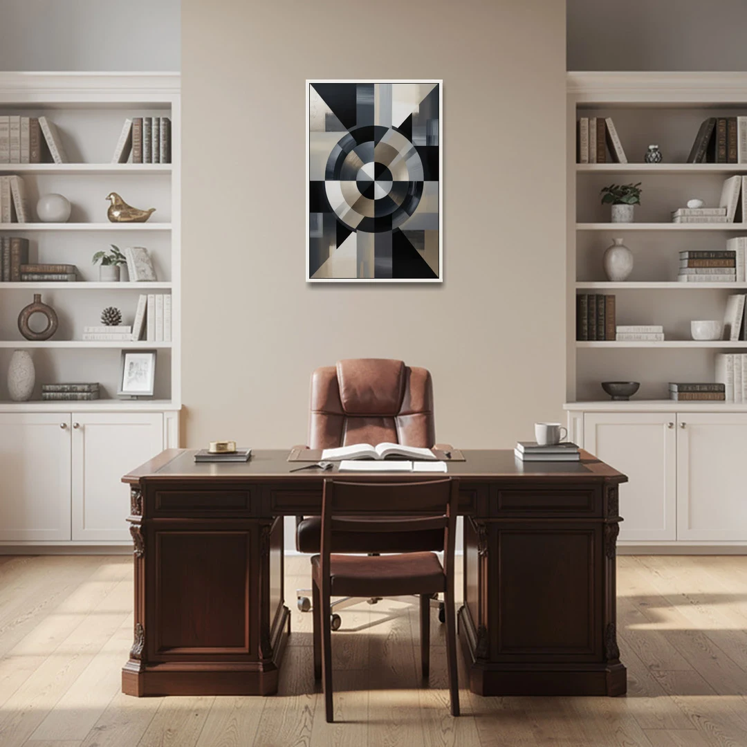 Geometric Harmony Black and Grey Abstract - White Framed Canvas Wall Art - Office - 24x36