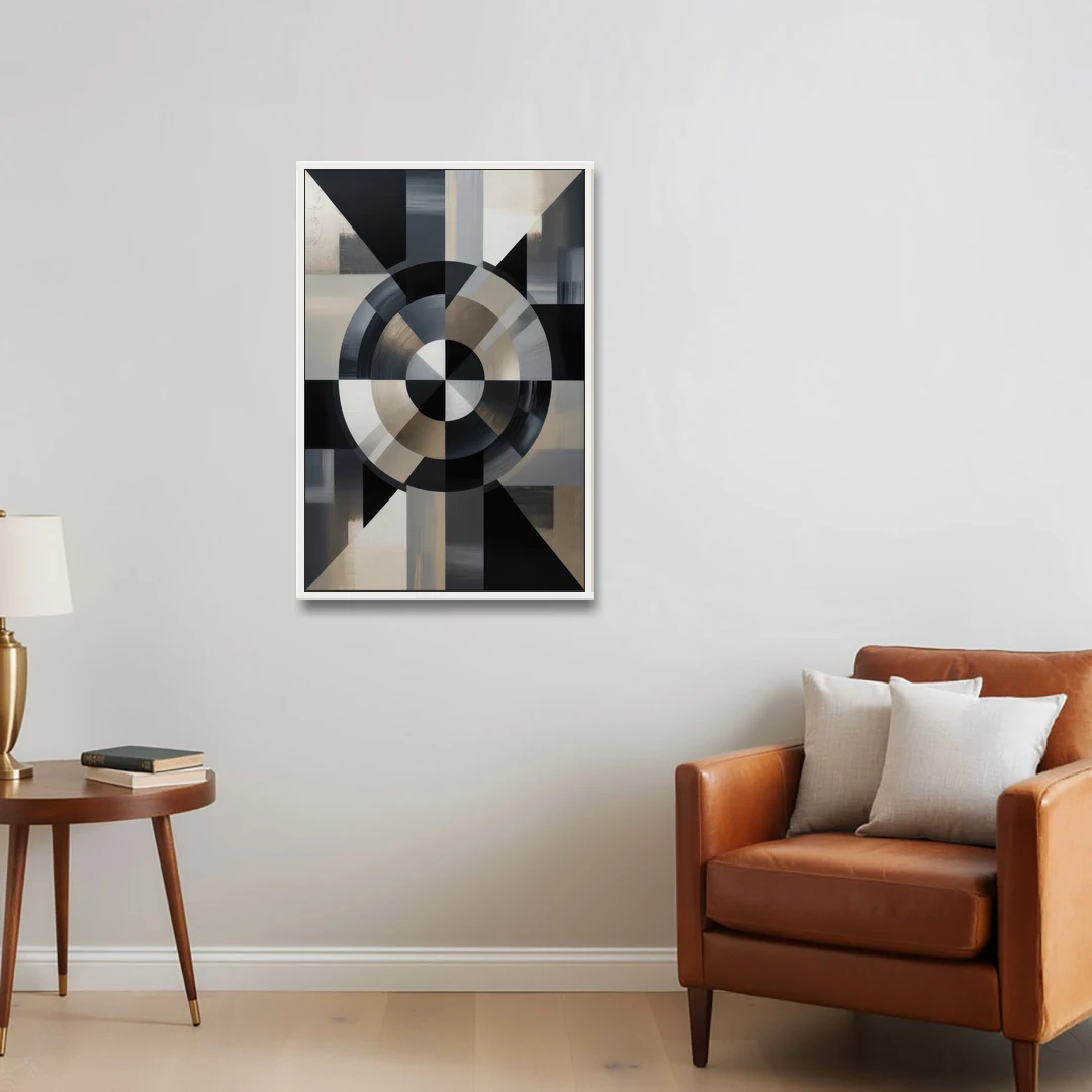Geometric Harmony Black and Grey Abstract - White Framed Canvas Wall Art - Sofa - 24x36