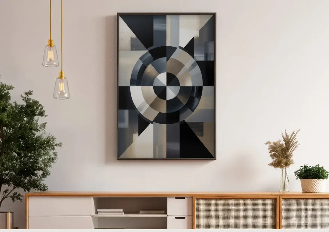 Geometric Harmony Black and Grey Abstract canvas wall art above a wooden sideboard under pendant lights