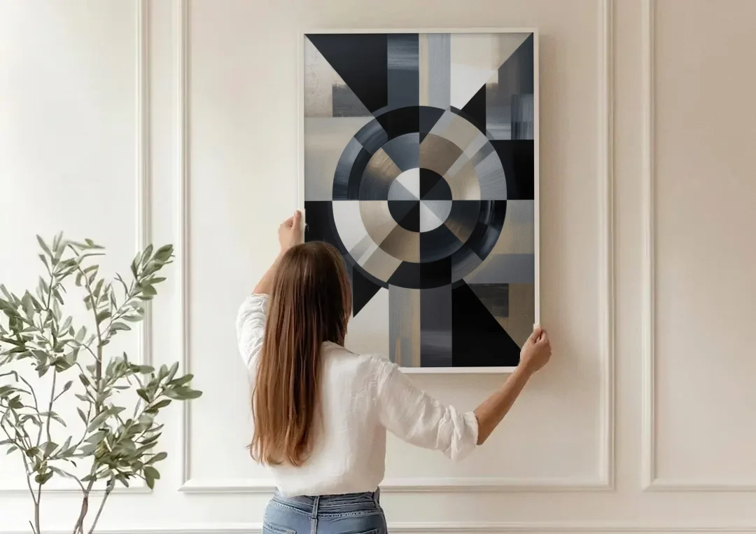 Geometric Harmony Black and Grey Abstract canvas wall art being hung on a paneled wall