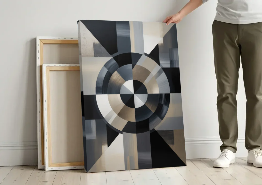 Geometric Harmony Black and Grey Abstract canvas wall art leaning against a wall next to blank canvases