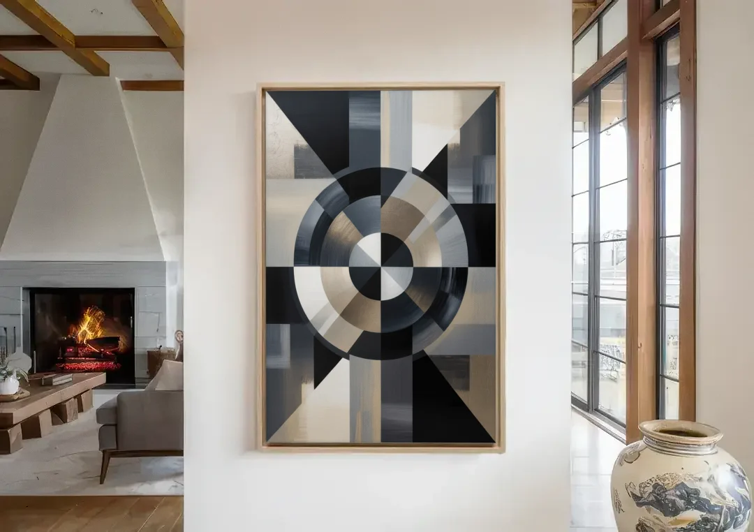 Geometric Harmony Black and Grey Abstract canvas wall art in a living room with a fireplace