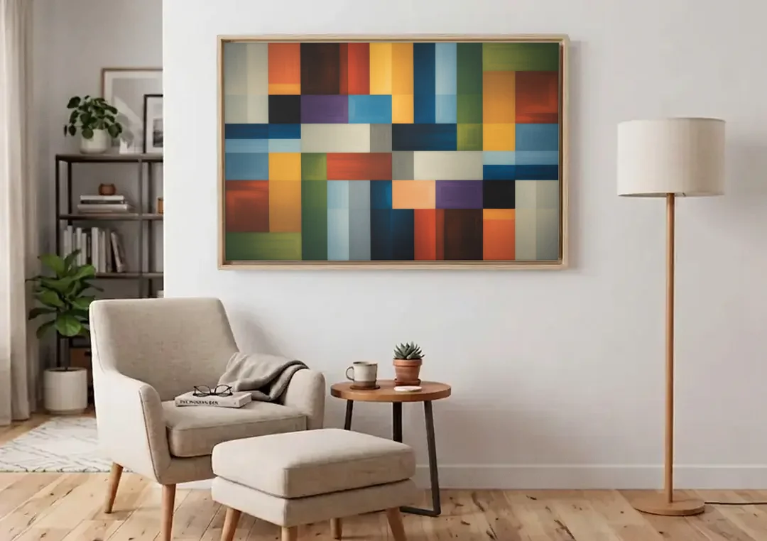 Geometric Harmony Colorful Abstract canvas wall art above an armchair in a bright living room