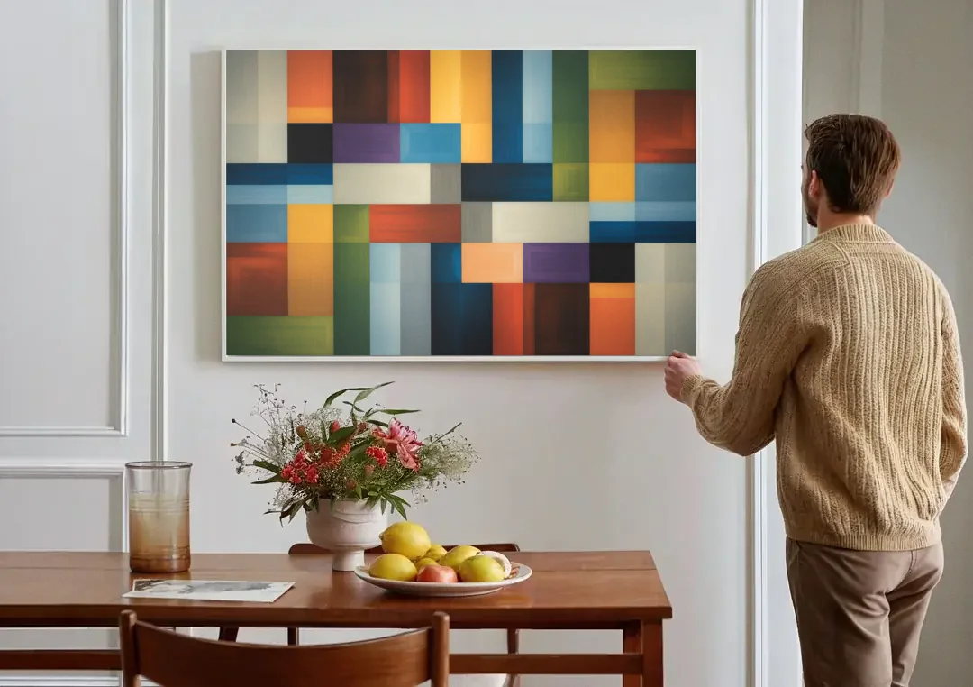Geometric Harmony Colorful Abstract canvas wall art above a dining table