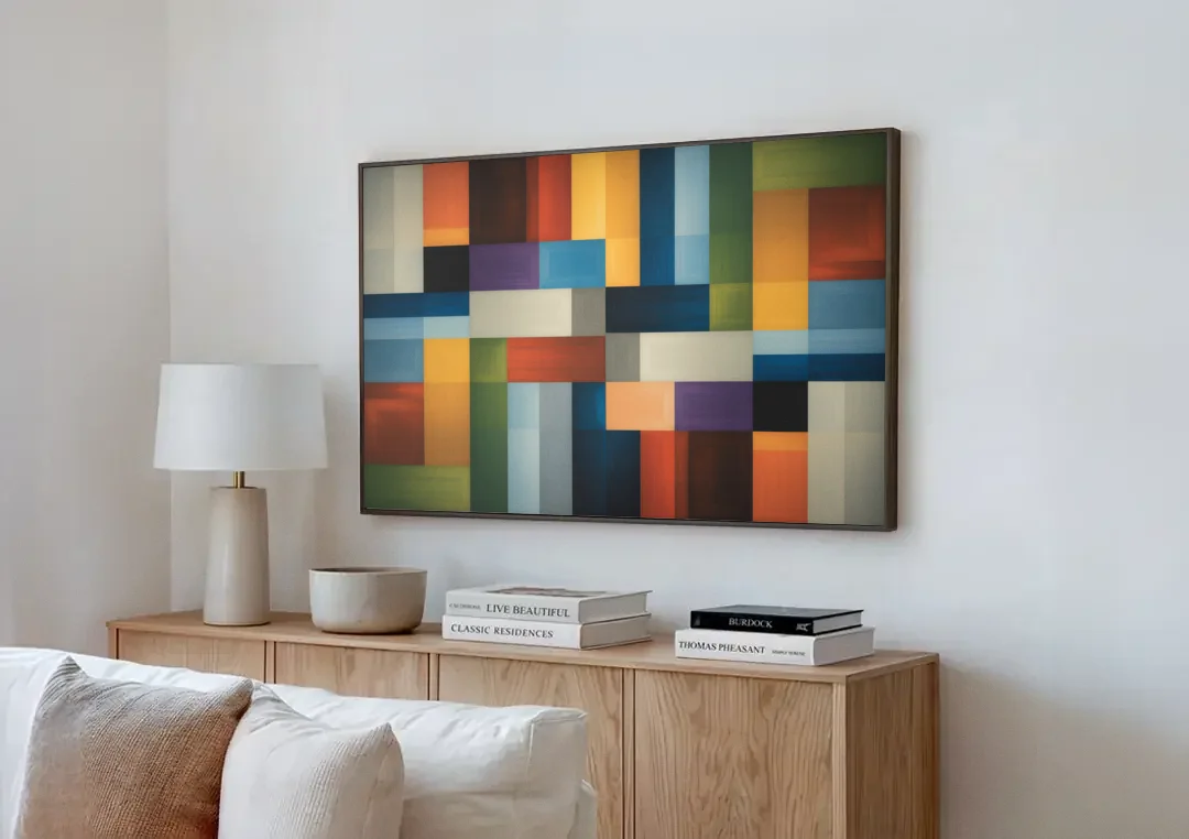 Geometric Harmony Colorful Abstract canvas wall art above a wooden sideboard next to a sofa