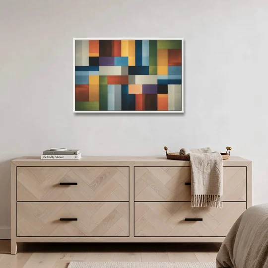 Geometric Harmony Colorful Abstract - White Framed Canvas Wall Art - Coffee Table - 36x24