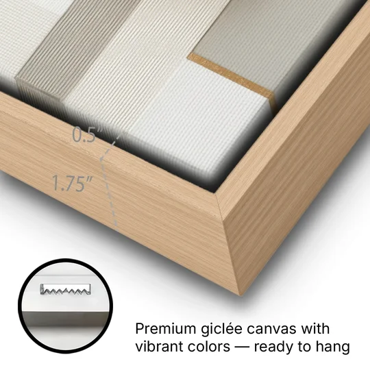 Geometric Harmony in White Abstract - Oak Framed Canvas Wall Art - Gallery Wrap Corner