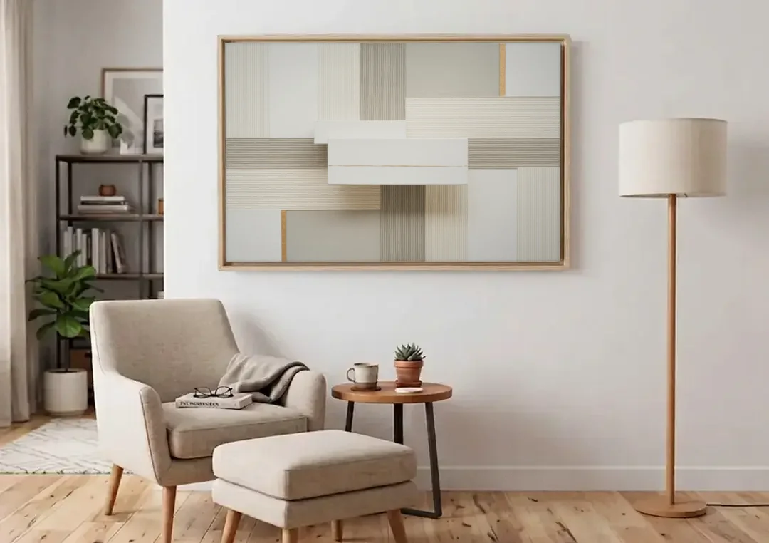 Geometric Harmony in White Abstract canvas wall art above an armchair in a bright living room