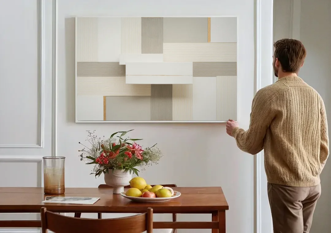 Geometric Harmony in White Abstract canvas wall art above a dining table