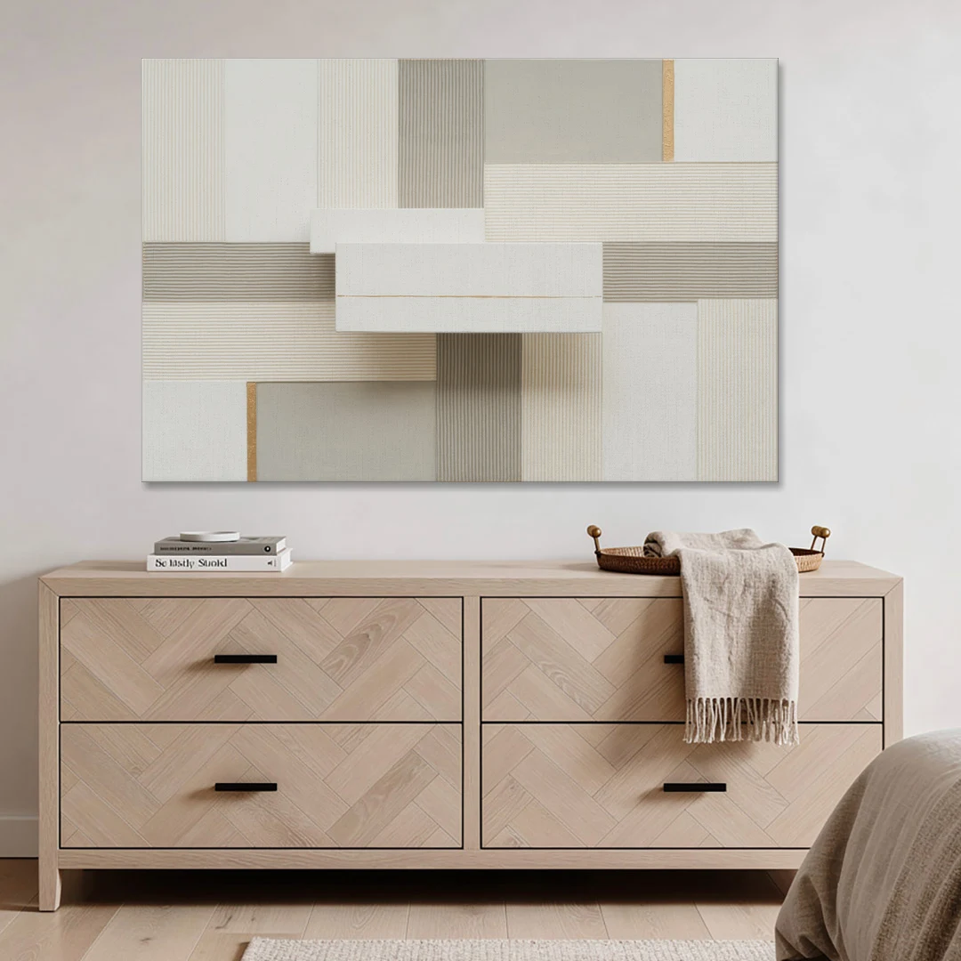 Geometric Harmony in White Abstract - Canvas Wall Art - Coffee Table - 60x40