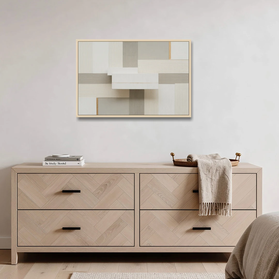 Geometric Harmony in White Abstract - Oak Framed Canvas Wall Art - Coffee Table - 36x24