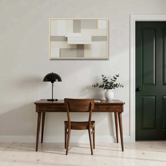 Geometric Harmony in White Abstract - Oak Framed Canvas Wall Art - Office - 36x24