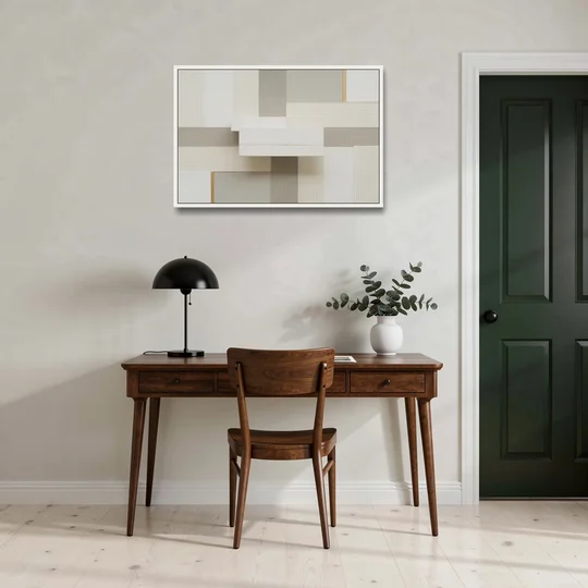 Geometric Harmony in White Abstract - White Framed Canvas Wall Art - Office - 36x24