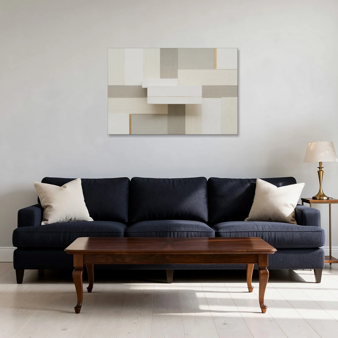 Geometric Harmony in White Abstract - Canvas Wall Art - Sofa - 36x24