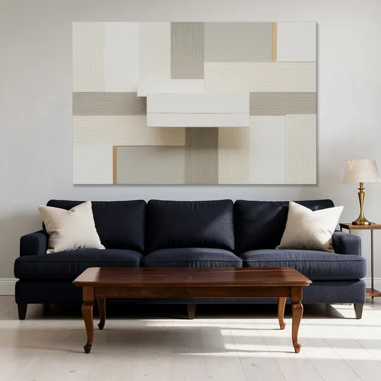 Geometric Harmony in White Abstract - Canvas Wall Art - Sofa - 60x40