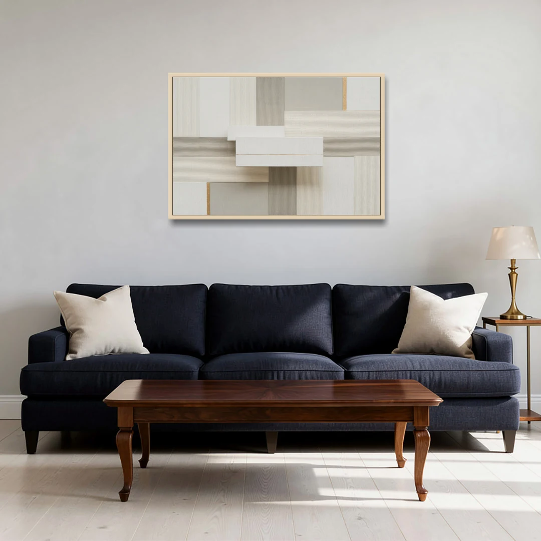 Geometric Harmony in White Abstract - Oak Framed Canvas Wall Art - Sofa - 36x24